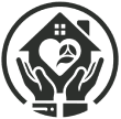 Icon of hands cradling a house with a heart and rose inside, encircled by a black line.